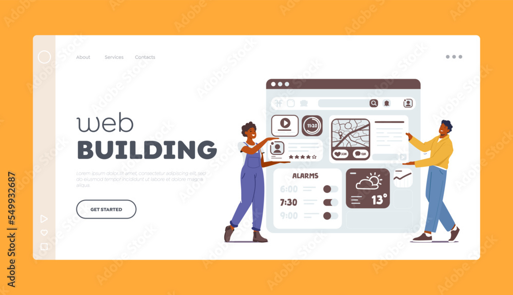 Poster web building landing page template. ui or ux designers team sharing ideas and collaborating in inter