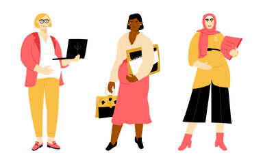 Set of different pregnant women working.  Expectant mothers combining work and motherhood. Vector flat illustration