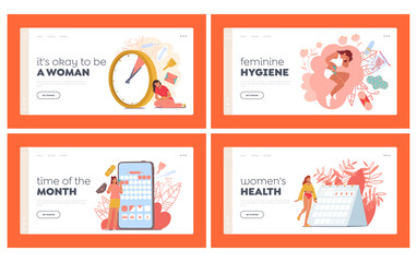 Obraz na płótnie Canvas Women Menstruation Period Landing Page Template Set. Female Reproductive System. Girls Characters With Tampon, Pad