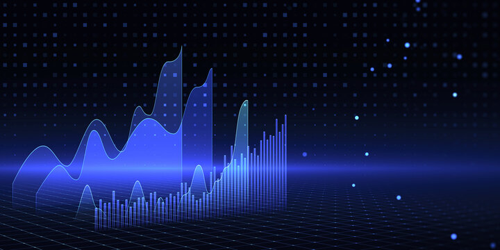 Glowing blue business chart hologram on blurry dark tech backdrop. Price, exchange, online banking and money concept. 3D Rendering.