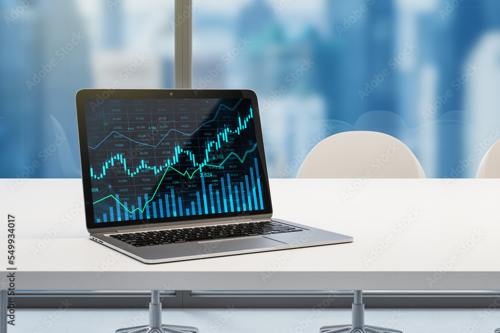 Poster Close up of desktop with laptop and glowing business chart hologram and index on screen. Blurry office background with city view. Finance, trade and invest concept. 3D Rendering.