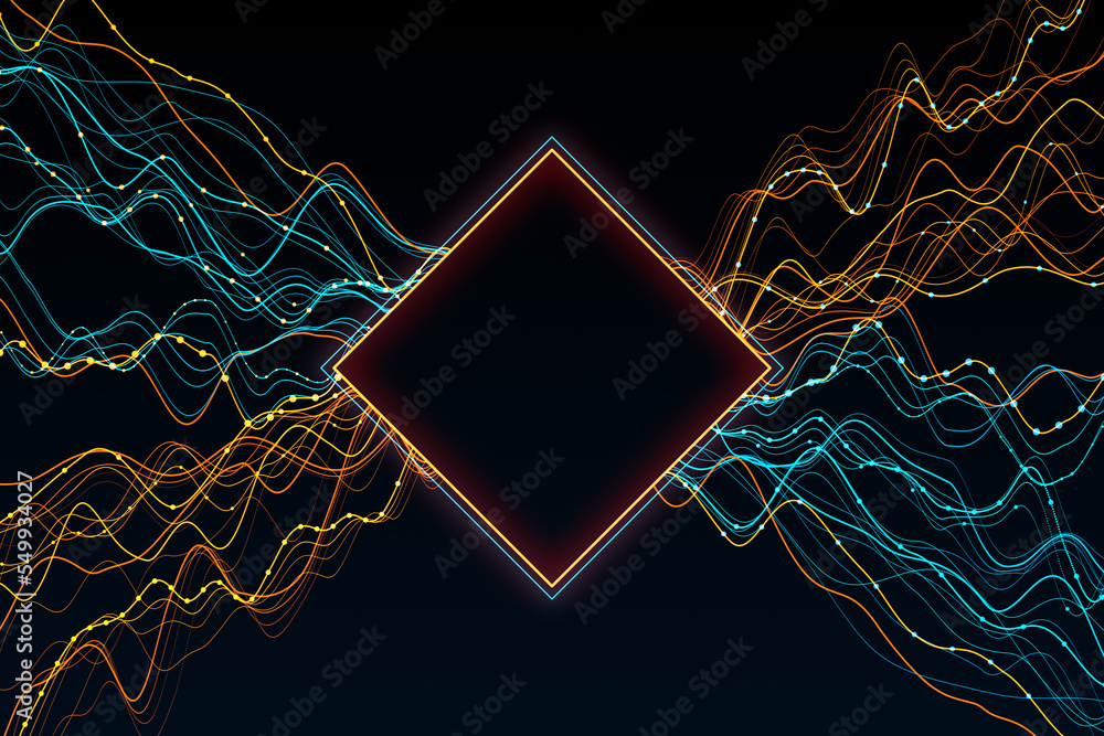Poster Abstract colorful lines metaverse on black wallpaper with geometric mock up banner. Digital world and cyberspace concept. 3D Rendering.
