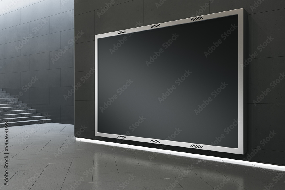 Poster empty black mock up billboard frame in underground with stairs. commercial ad concept. 3d rendering.