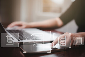 Hand using laptop and touch folder of document Management System, online documentation database and process automation to efficiently manage files work, knowledge, Corporate business technology,