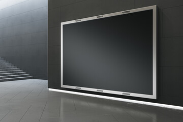 Fototapeta premium Empty black mock up billboard frame in underground with stairs. Commercial ad concept. 3D Rendering.