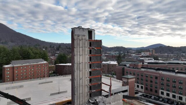 Appalachian State University construction aerial upward shot, Boone North Carolina