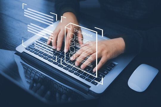 Hand using laptop and touch folder of document Management System, online documentation database and process automation to efficiently manage files work, knowledge, Corporate business technology,