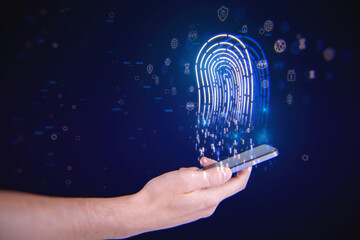 Close up of businessman hand holding smartphone with glowing fingerprint hologram on blurry dark...