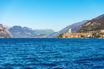 Lake Garda (Lago di Garda) and the small Malcesine village with the castle. Verona province, Italy,...