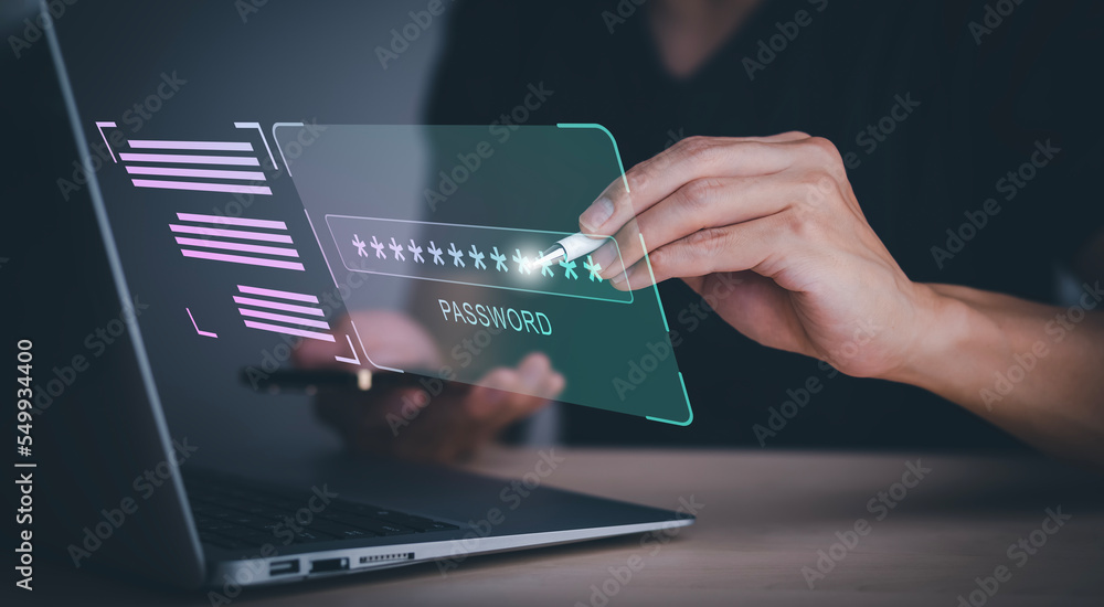Poster hand pen touch password with virtual global with cyber security, login, user, identification informa