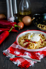pasta with burrata cheese, beautiful serving, italian cuisine