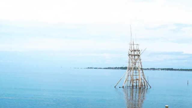 Bagang Apung. Traditional fish traps made of bamboo and nets. 4k resolution