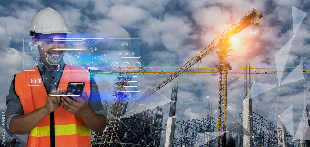 Fototapete future building construction engineering and technology project concept. double exposure graphic wit