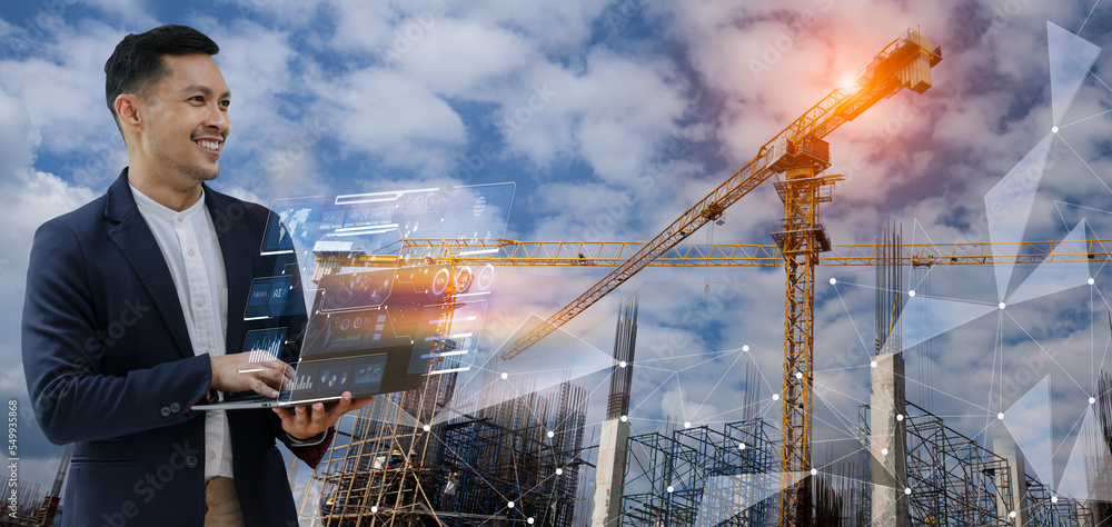 Fototapete future building construction engineering and technology project concept. double exposure graphic wit
