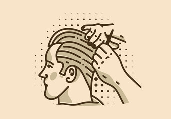 Vintage art illustration of a man getting his hair cut