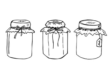 Hand drawn jar of jam or honey clipart. Healthy natural organic product doodle set.
