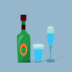 Bottles of alcoholic drinks with glasses vector illustration