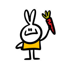 Funny white rabbit holding a carrot in rising hand.