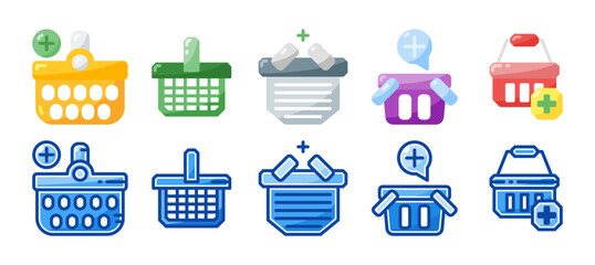shopping basket icon set. vector illustration with a different style. flat and filled line style icon
