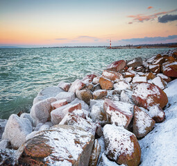 Colorful winter sunset over lake Balaton