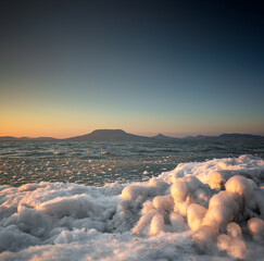 Colorful winter sunset over lake Balaton