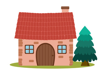 Cute house with tree in flat design on white background.