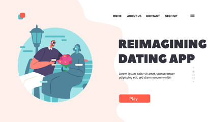 Innovative Dating App Landing Page Template. Young Couple in Vr Goggles Sit on Bench in City Park. Romantic Relations