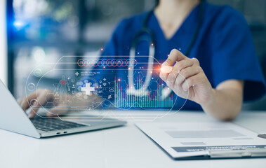 Medicine doctor using digital healthcare and network connection on hologram modern virtual screen interface icons, Medical technology futuristic concept.