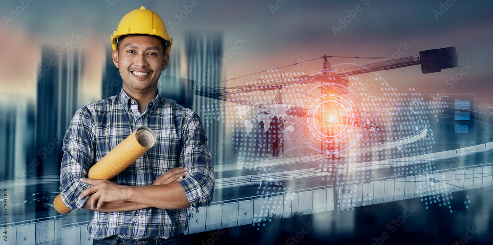 Fototapete future building construction engineering and technology project concept. double exposure graphic wit
