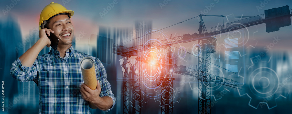 Fototapete future building construction engineering and technology project concept. double exposure graphic wit
