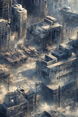 Post-apocalyptic war-torn ruins of a city as seen from above. Generative AI creation.