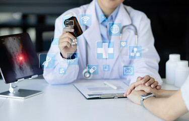 Medicine doctor using digital healthcare and network connection on hologram modern virtual screen interface icons, Medical technology futuristic concept.