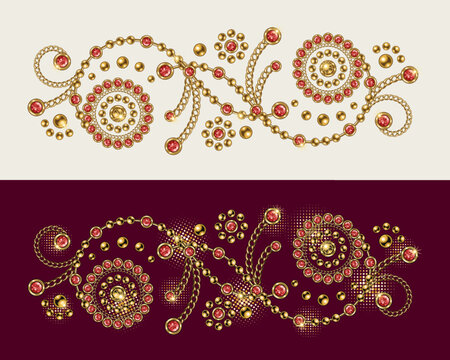Baroque border motif with swirls. Ornament made made of gold jewelry chains, ruby gems, rhinestones, ball beads in vintage style. Vector illustration on white, red background.