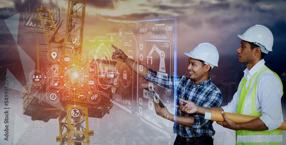 Fototapete future building construction engineering and technology project concept. double exposure graphic wit