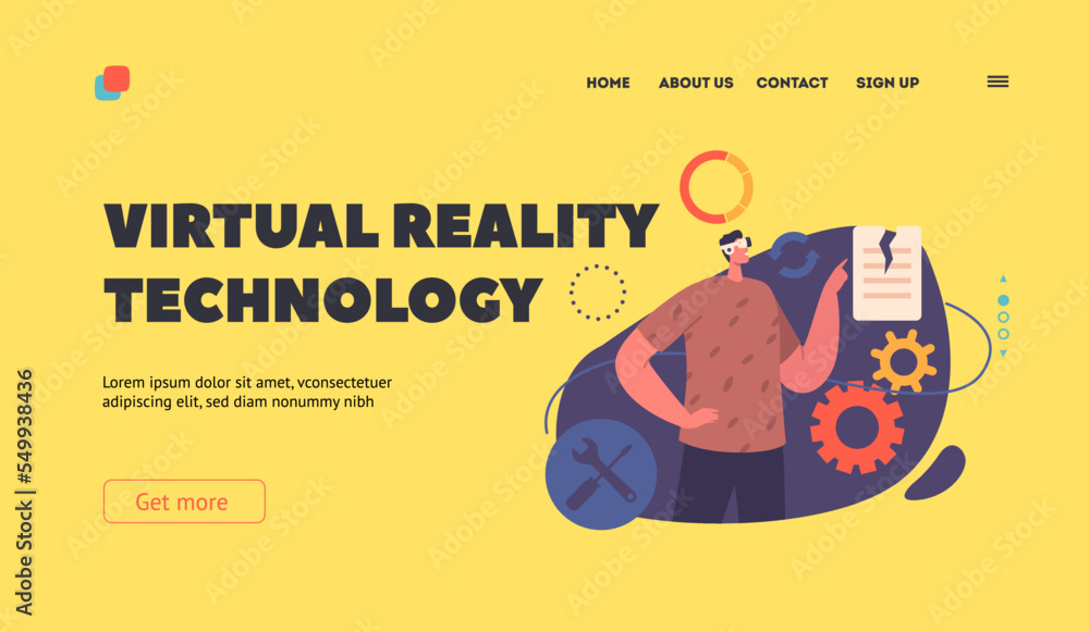 Aufkleber virtual reality technology landing page template. financial data management in cyberspace, artificia