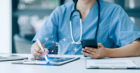 Medicine doctor using digital healthcare and network connection on hologram modern virtual screen...