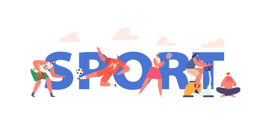 Virtual Sport Concept. Male and Female Characters wear VR Glasses Playing Soccer, Basketball, Tennis, Riding Bicycle