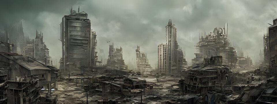 Post-apocalyptic war-torn ruins of a generic major city. Generative AI creation.