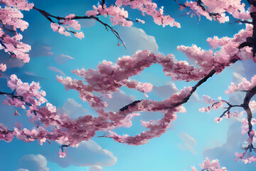 Cherry blossom branches in spring against the sky. Generative AI creation.