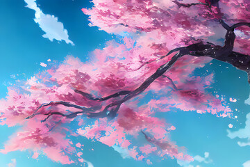 A cherry blossom branch in spring against the sky. Generative AI creation.