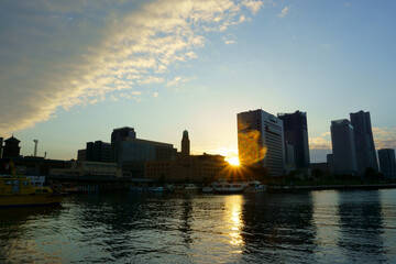 Japan, Yokohama. Sunset between Minato Mirai buildings