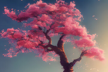 A cherry blossom tree in spring against a deep blue sky. Generative AI creation.