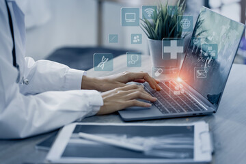 Digital health care innovative virtual science and medicine technology concept, Doctor working with human anatomy virtual interface icons.  