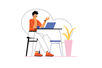 Freelance working icons concept with people scene in the flat cartoon style. Man works according to a free schedule at home. Vector illustration.