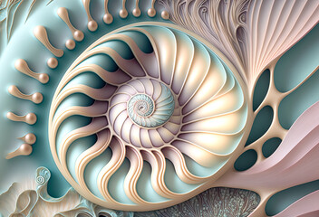 fiction nautilus shell, nautilus background, pastel beautiful colored nautilus, spirale, fractal, background, illustration, digital