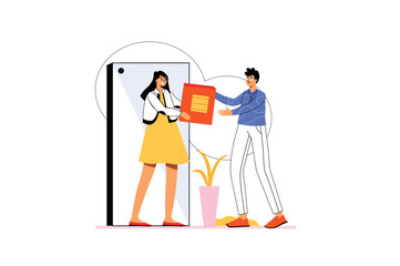 Courier delivery icons concept with people scene in the flat cartoon design. Courier delivered the package to the girl's apartment. Vector illustration.