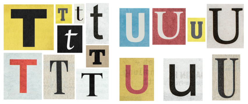 PNG Ransom notes alphabet Paper cut letters T-U newspaper cut outs