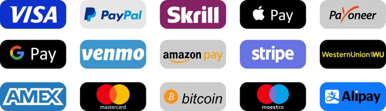 Payment logo set. Online payment. Payoneer, PayPal, Mastercard, Visa, Apple pay, Google pay Maestro Skrill and otherd