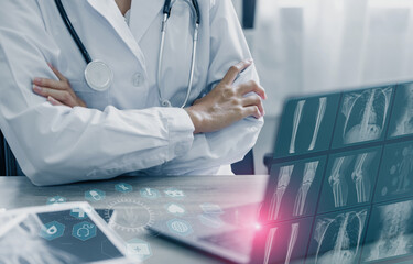 Medicine doctor using digital healthcare and network connection on hologram modern virtual screen interface icons, Medical technology futuristic concept.