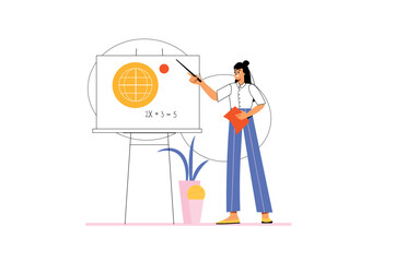 Icons concept School teacher with people scene in the flat cartoon style. School teacher explain a new topic on a whiteboard. Vector illustration.